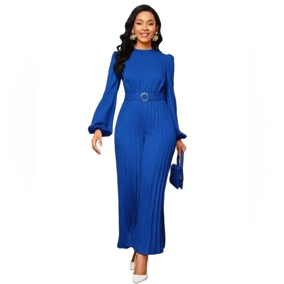 263. Lady Women's Solid Colored Lantern Sleeve Jumpsuit With Pleats Medium - Picture 3 of 6